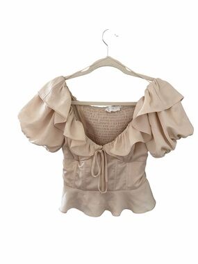 Astr the Label Beige satin Ruffle Peplum Blouse with Puff Sleeves